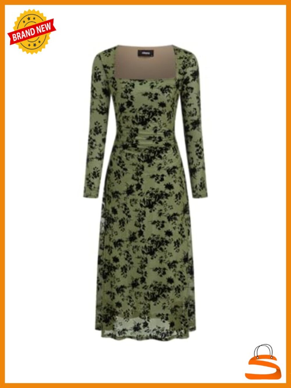 Floral Flocking Mesh Long Sleeve Square Neck Midi Dress Tie Back Formal